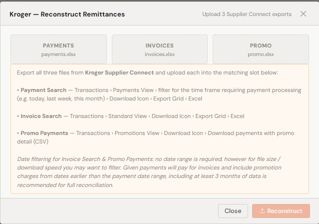 RemitParse Kroger Reconstruct Remittances modal showing three file upload slots for Payments, Invoices, and Promo exports from Kroger Supplier Connect